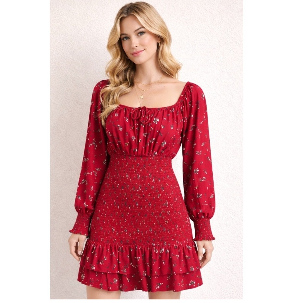 Guess Los Angeles Red Floral Smocked Mini Dress Long Sleeve Square Neck M
